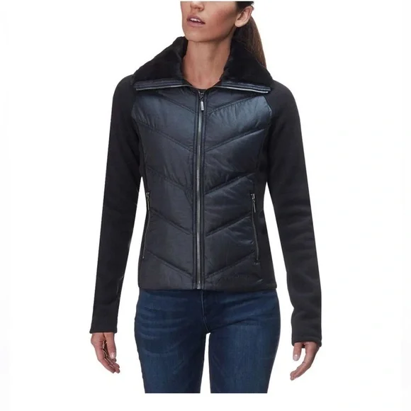 MARMOT Thea Jacket Down Insulated Hybrid with Fleece Sleeves Faux Fur Collar, XS - Picture 2 of 13